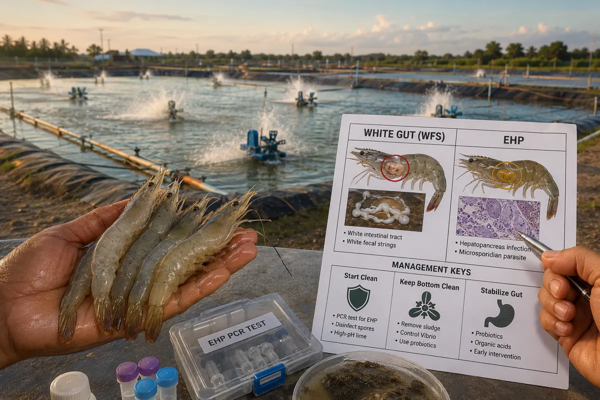 White gut syndrome and EHP issues in L. vannamei shrimp farming.